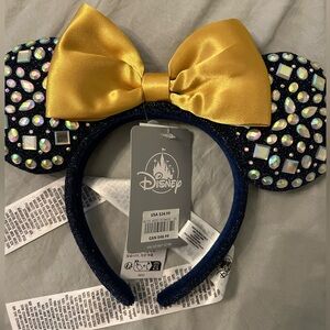 Disney Mickey Mouse Ears diamond embezzlement gold bow and navy shimmer fabric